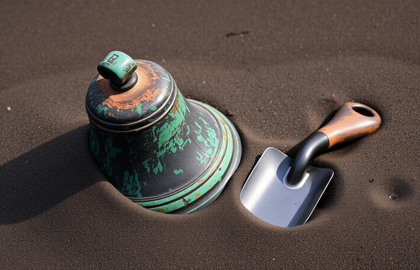 Ein alter Metallgegenstand mit grünlicher Patina neben einer kleinen Schaufel auf Waldboden